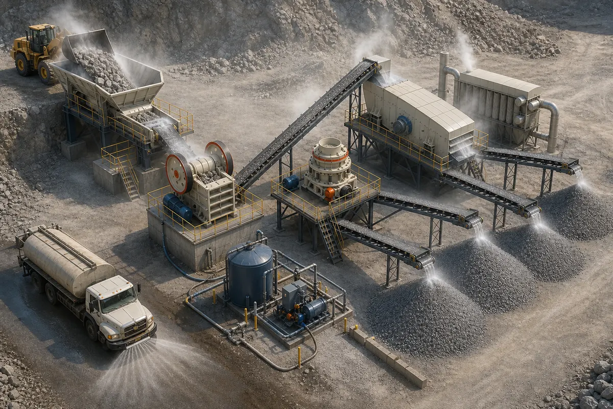 Stone crusher plant dust-control configuration with feeder crusher screen conveyors water tank mist nozzles and dust collector