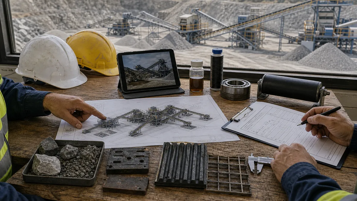 Buyer and operator reviewing stone crusher plant maintenance checklist with spare parts samples oil bottle rock samples and quarry plan