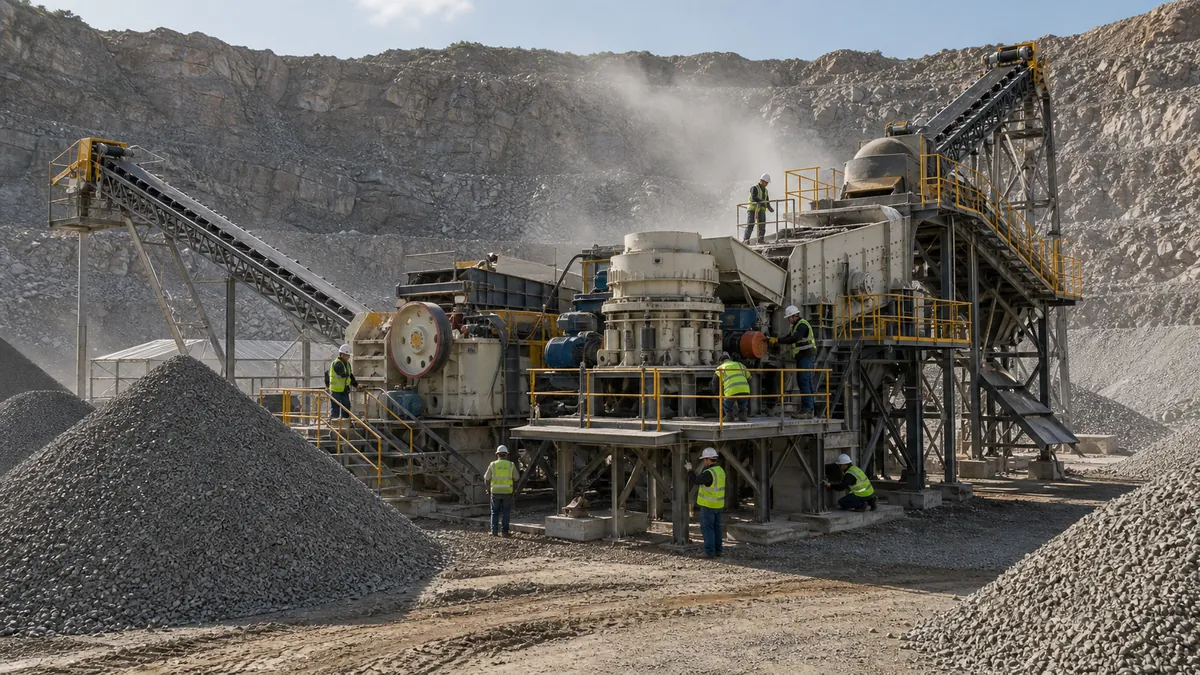 Stone crusher plant maintenance crew inspecting crushers screens conveyors and stockpiles in a quarry