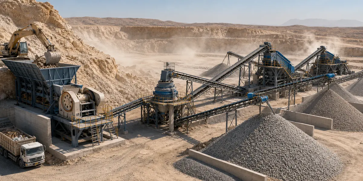 Saudi Arabia stone crusher plant flow with feeder jaw crusher cone or impact crusher screen conveyors and stockpiles for road base and aggregate