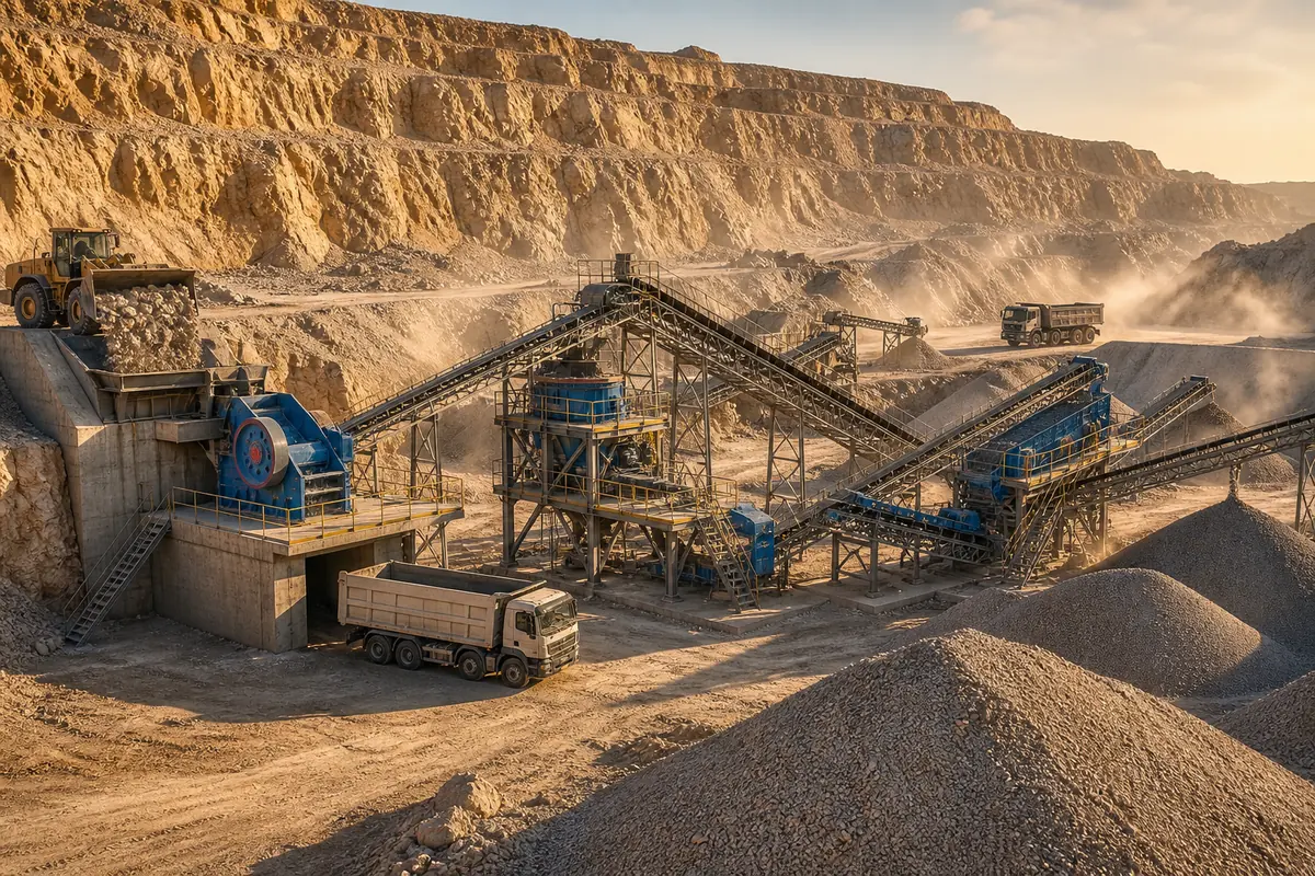 Stone crusher plant in Saudi Arabia producing limestone granite and road base aggregate in a desert quarry
