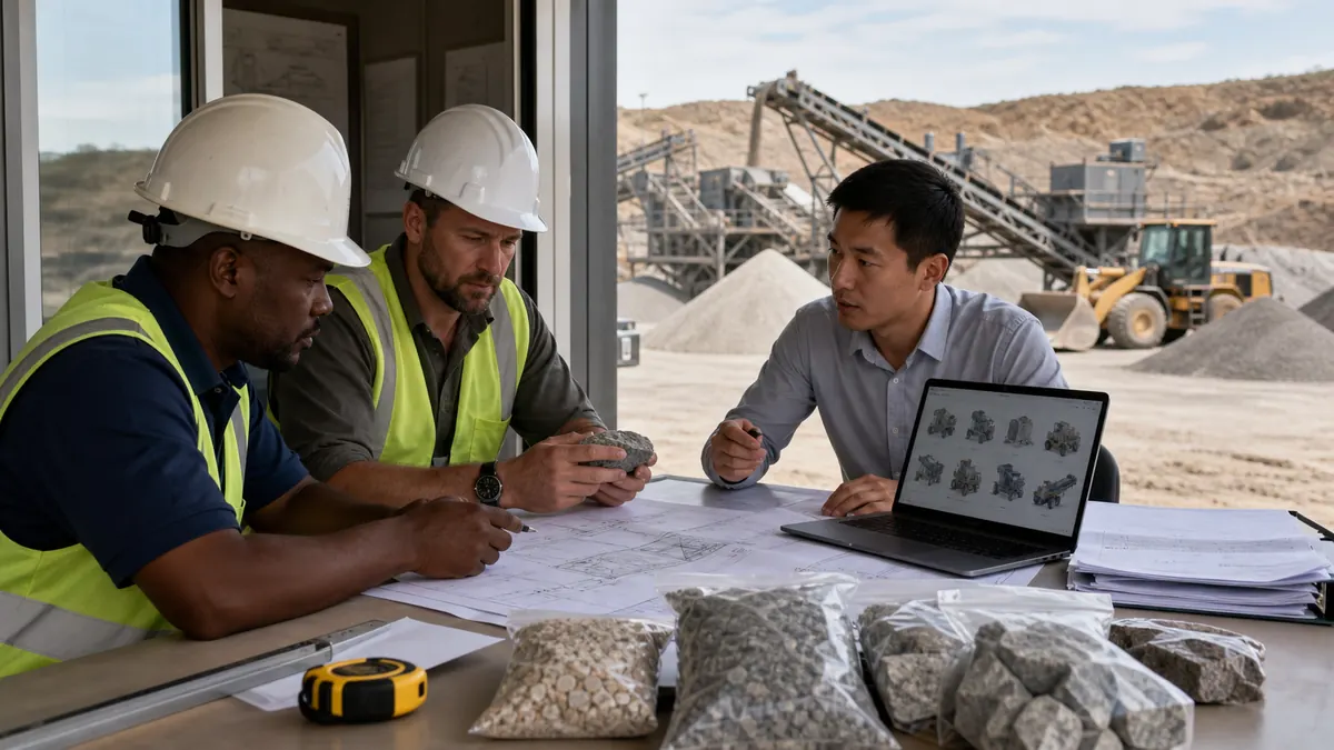 South Africa crusher buyer quotation checklist scene with procurement manager quarry engineer supplier representative rock samples drawings laptop and crusher plant outside