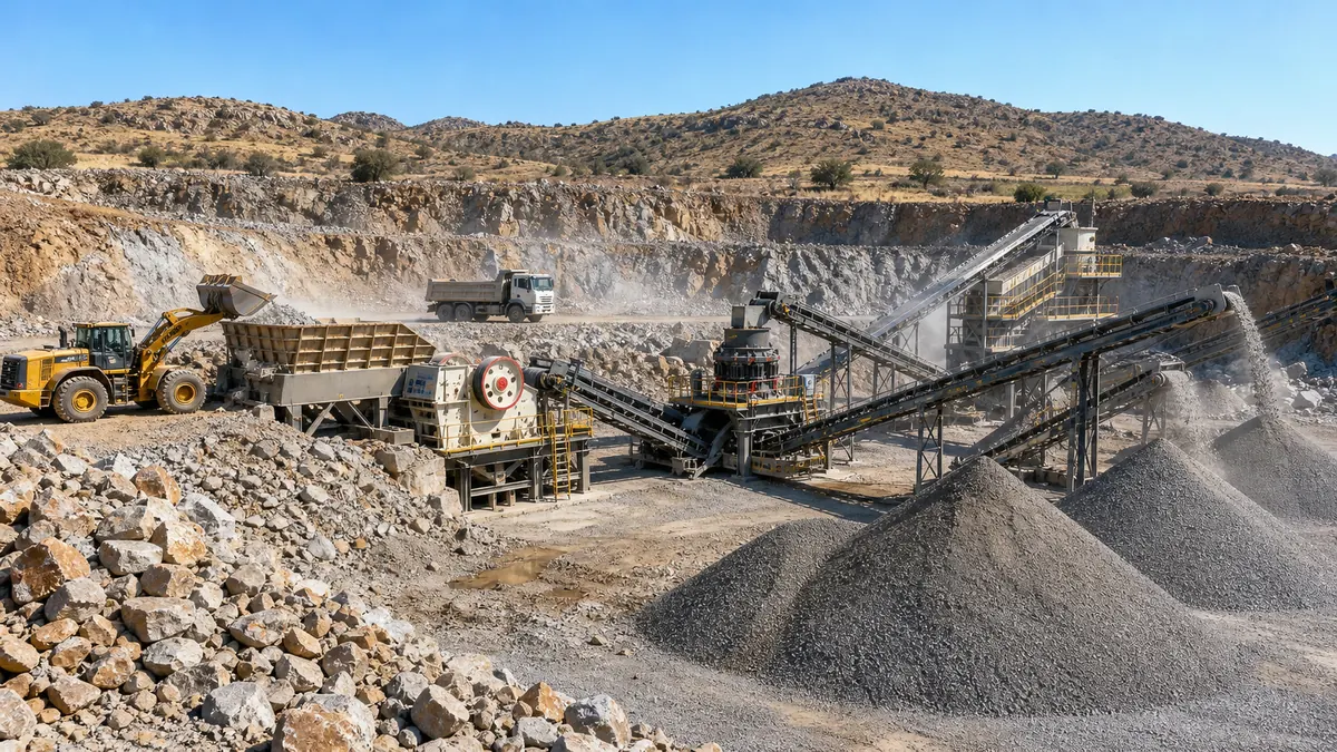 Stone crusher machine price guide for South Africa quarry with jaw crusher cone crusher screen conveyors loader and aggregate stockpiles