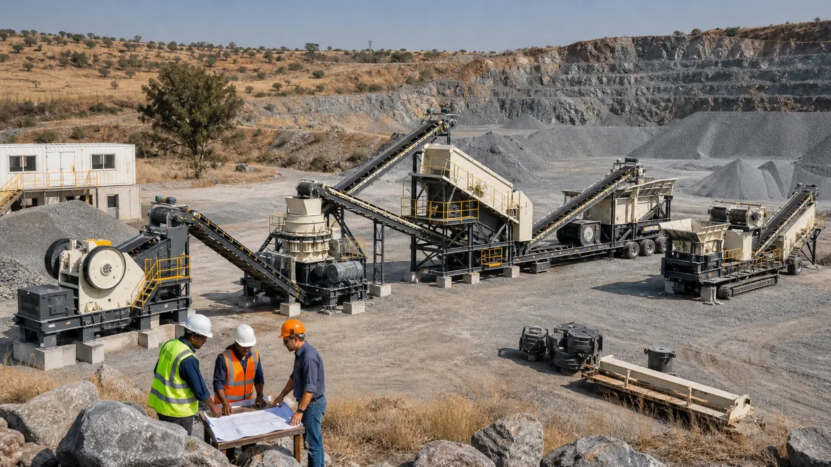 South Africa crusher price factors shown through realistic quarry configurations with jaw crusher cone crusher screens mobile modules workers and layout planning