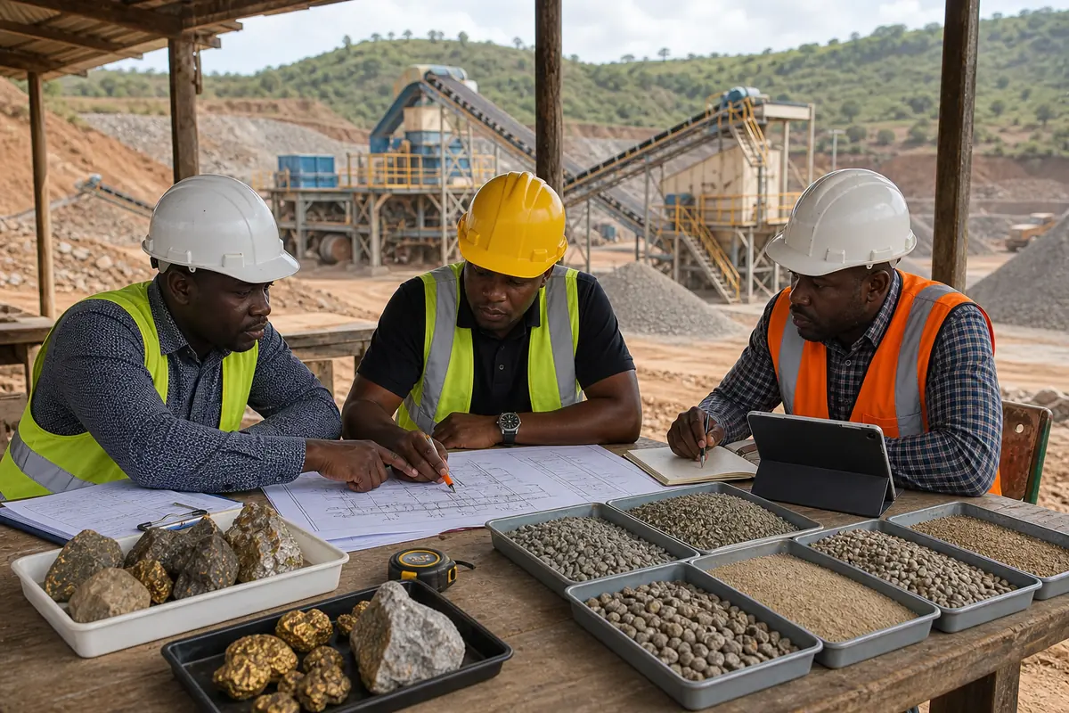 Tanzania crusher plant buyer checklist scene with quarry professionals reviewing drawings ore samples aggregate trays tablet and site plan