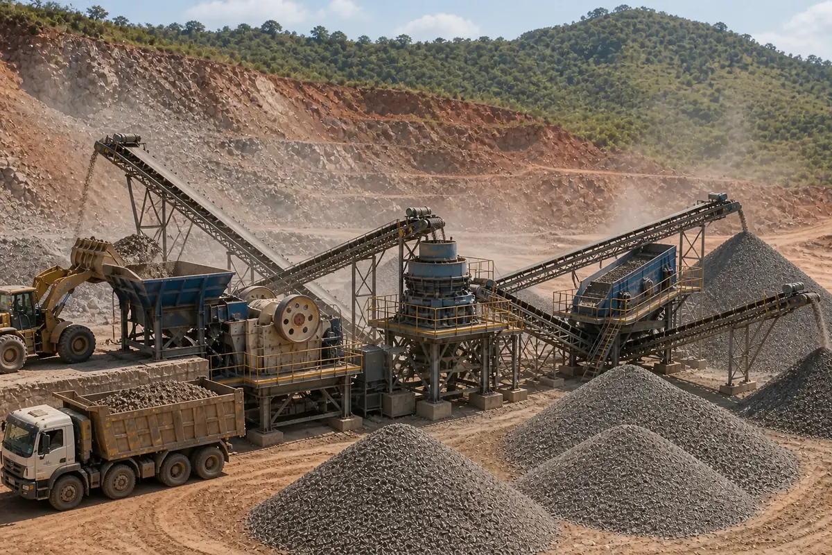 Tanzania stone crusher plant configuration with feeder jaw crusher cone crusher screen conveyors stockpiles and loader