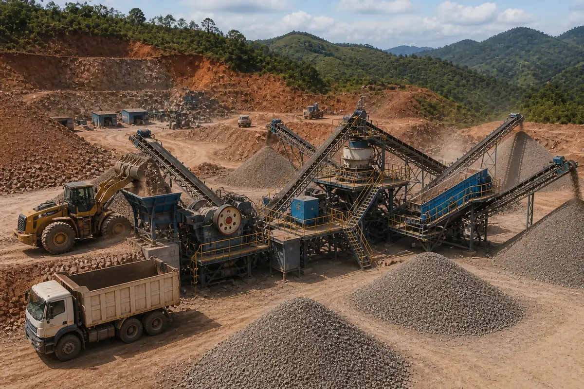 Stone crusher plant in Tanzania with jaw crusher cone crusher screens conveyors loader dump truck and aggregate stockpiles