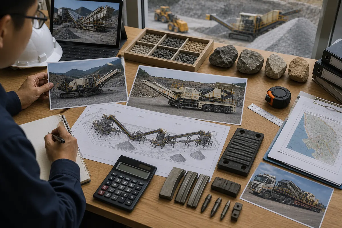 Buyer planning desk with track-mounted and tire-mounted mobile crusher photos route map rock samples layout drawing calculator and wear parts