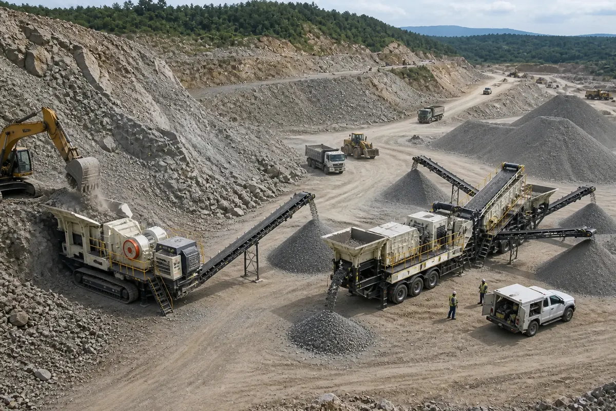 Track-mounted mobile crusher close to quarry face and tire-mounted mobile crushing plant on prepared road-accessible pad