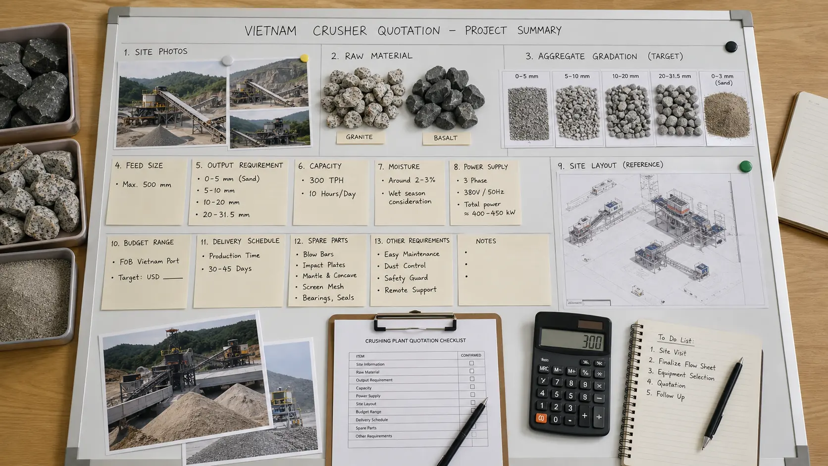 Vietnam crusher quotation checklist board with site photos raw material samples feed size output sizes capacity layout and budget notes