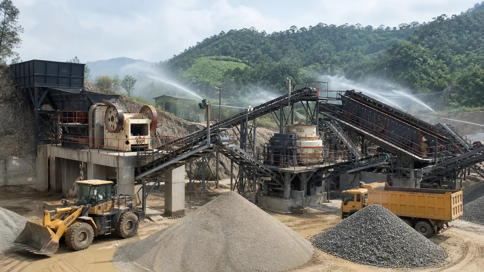 Vietnam quarry sand making plant with jaw crusher cone crusher VSI and vibrating screen under dust suppression