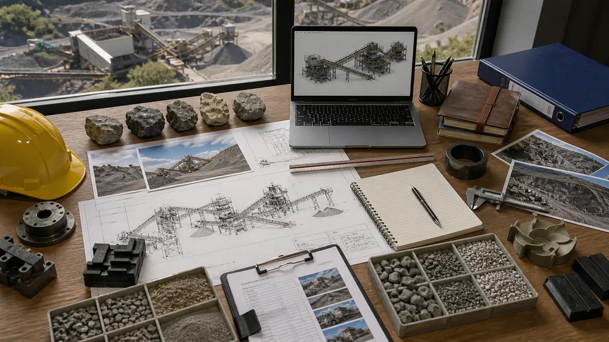 VSI crusher buyer checklist with rock samples aggregate trays plant drawings site photos spare parts and procurement tools
