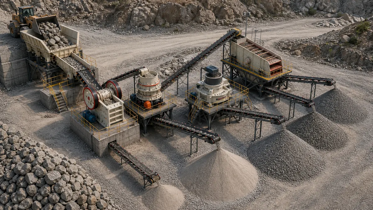 VSI crusher process configuration with feeder jaw crusher cone crusher VSI screen conveyors and graded stockpiles