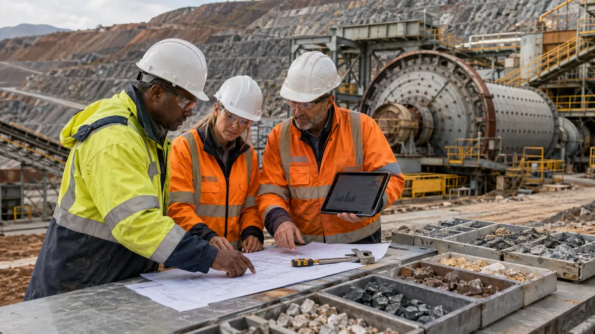 Mining engineers comparing ore samples process drawings and site data beside a ball mill during a grinding equipment purchase review