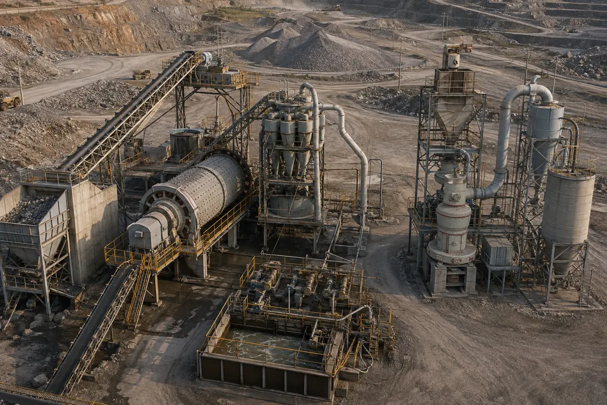 Integrated ore grinding configuration showing a ball mill cyclone circuit beside a dry Raymond mill classifier and powder collection line
