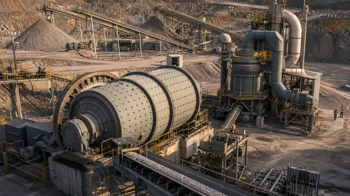 Production-scale ball mill and Raymond roller mill in a hard-rock mineral processing plant with conveyors and ore stockpiles