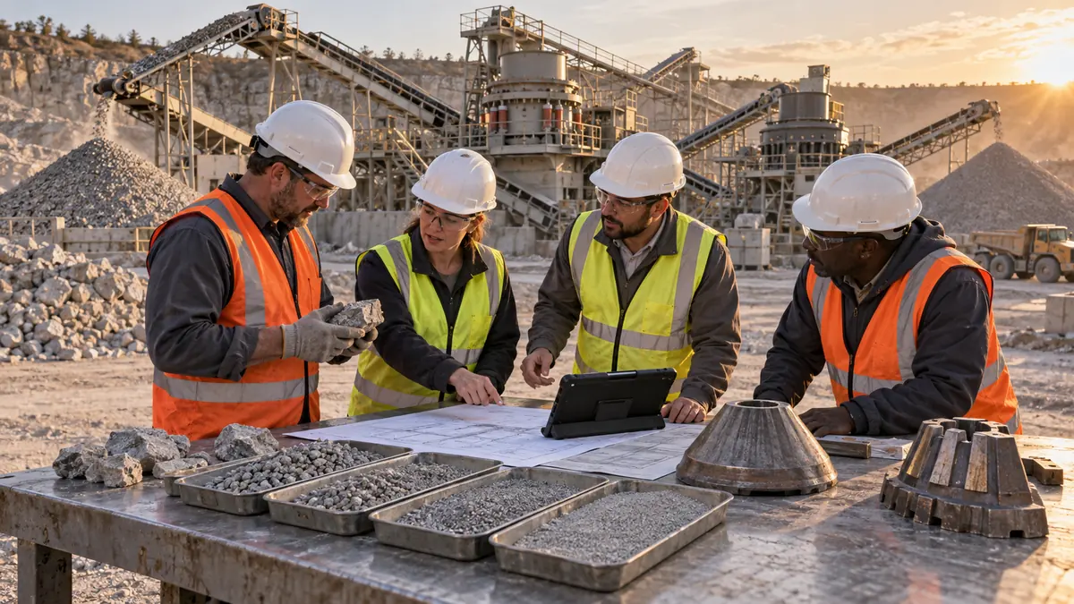 Quarry buyers and process engineers reviewing aggregate samples, sieve trays, wear parts, plant drawings, and a tablet beside a working cone and VSI crushing circuit