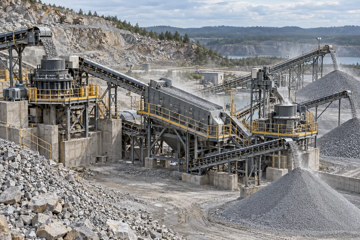 Integrated hard-rock final-stage circuit with cone crusher, multi-deck screen, VSI crusher, return conveyors, and graded aggregate stockpiles
