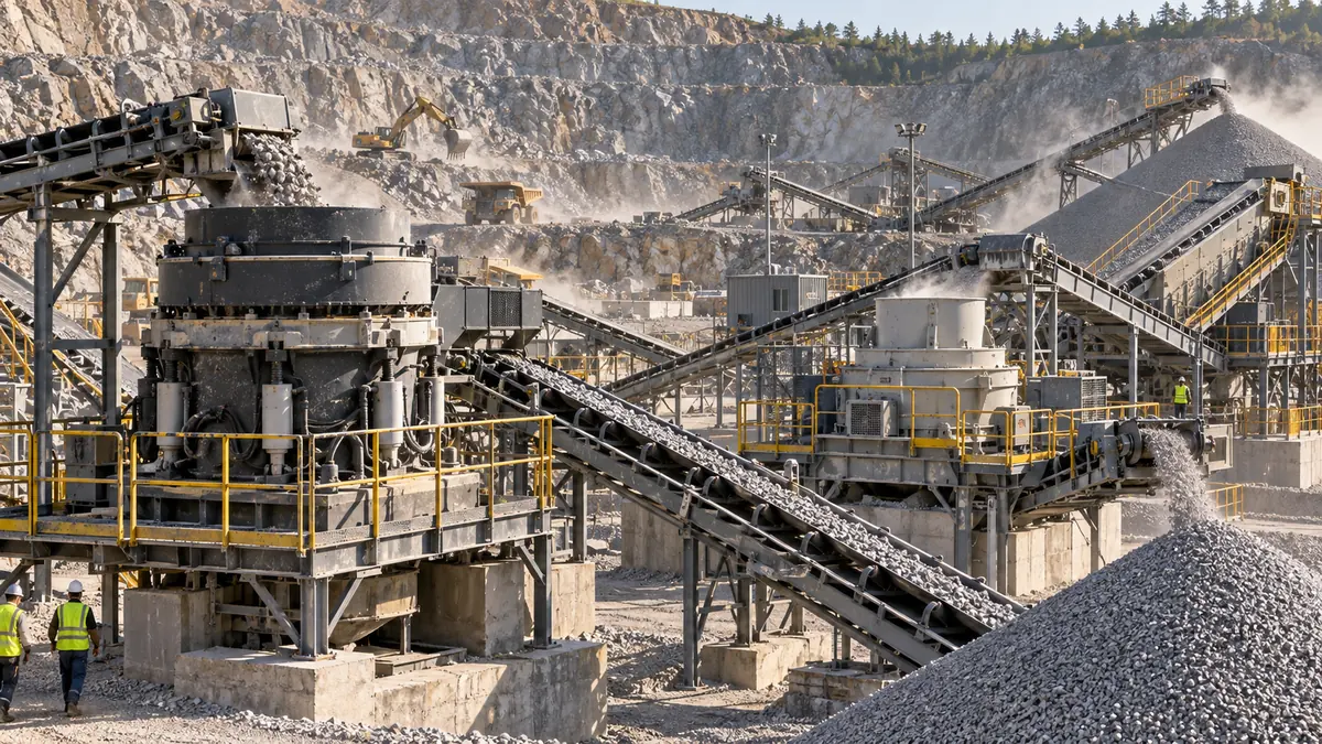 Production-scale cone crusher and VSI crusher operating in a hard-rock aggregate quarry with conveyors and stockpiles