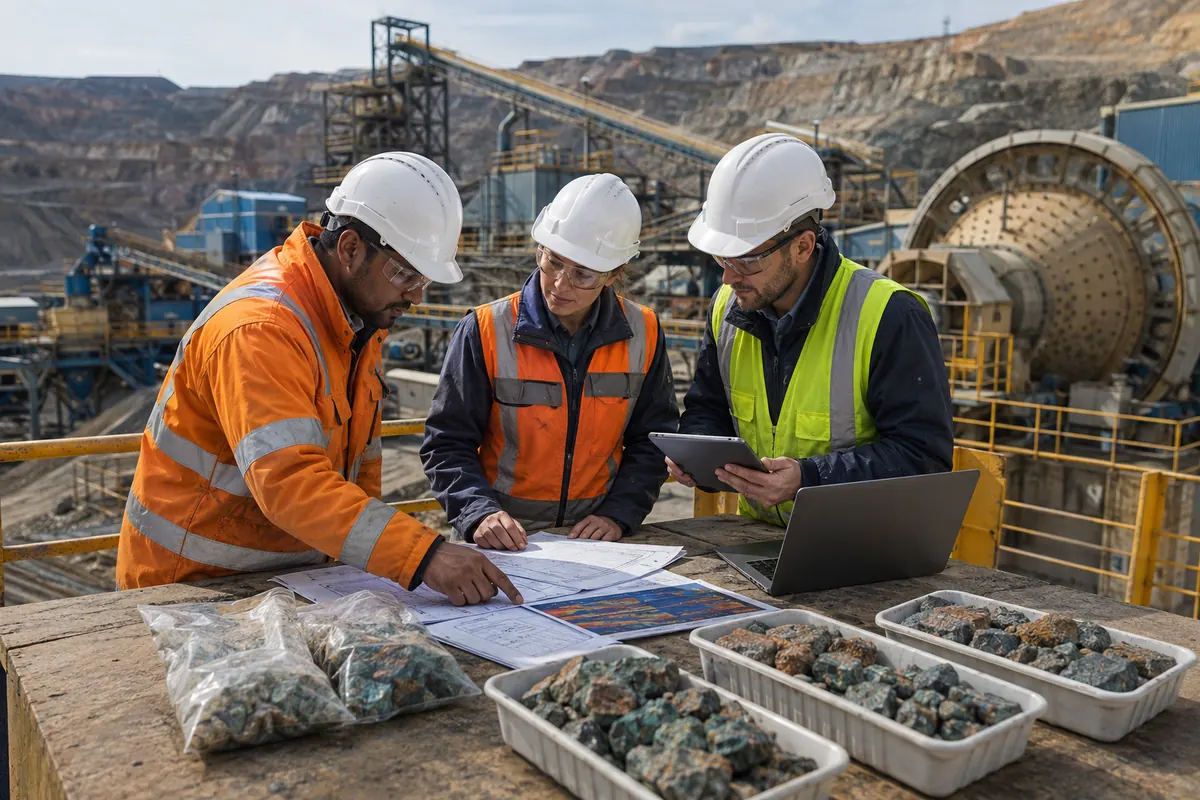 Mining engineers reviewing copper ore samples site plans production data and processing equipment for a copper plant quotation