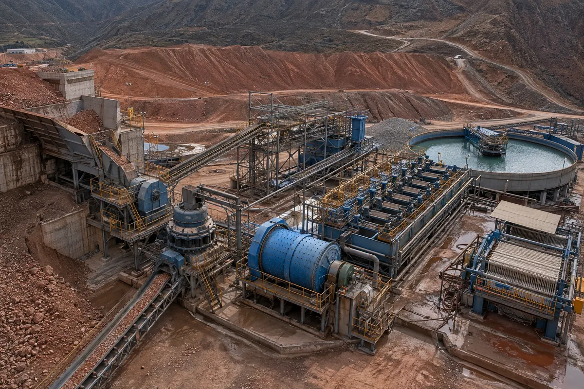 Copper ore processing configuration with feed hopper crushers conveyors ball mill flotation cells thickener and filter press