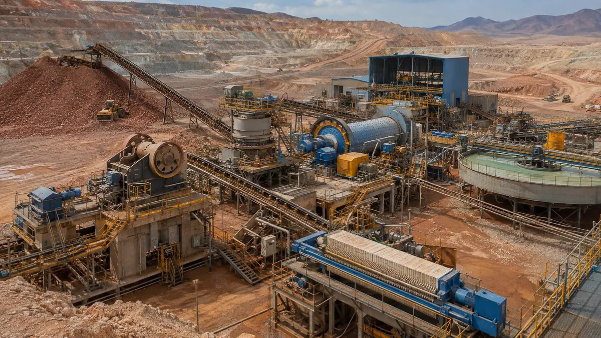 Copper ore processing plant with jaw crusher cone crusher ball mill flotation thickener filter press and copper ore stockpiles