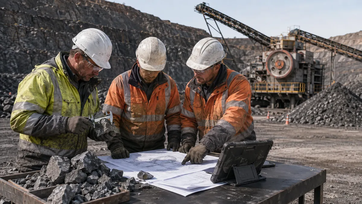 Mining engineers reviewing hard ore samples crusher layout drawings and a rugged tablet at an active quarry