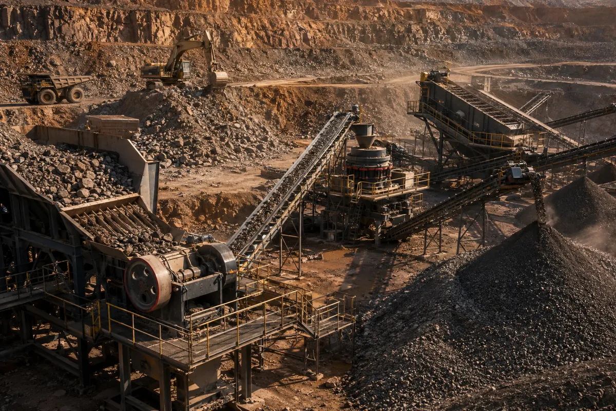Hard-ore crushing circuit with jaw crusher cone crusher screen conveyors and separated product stockpiles