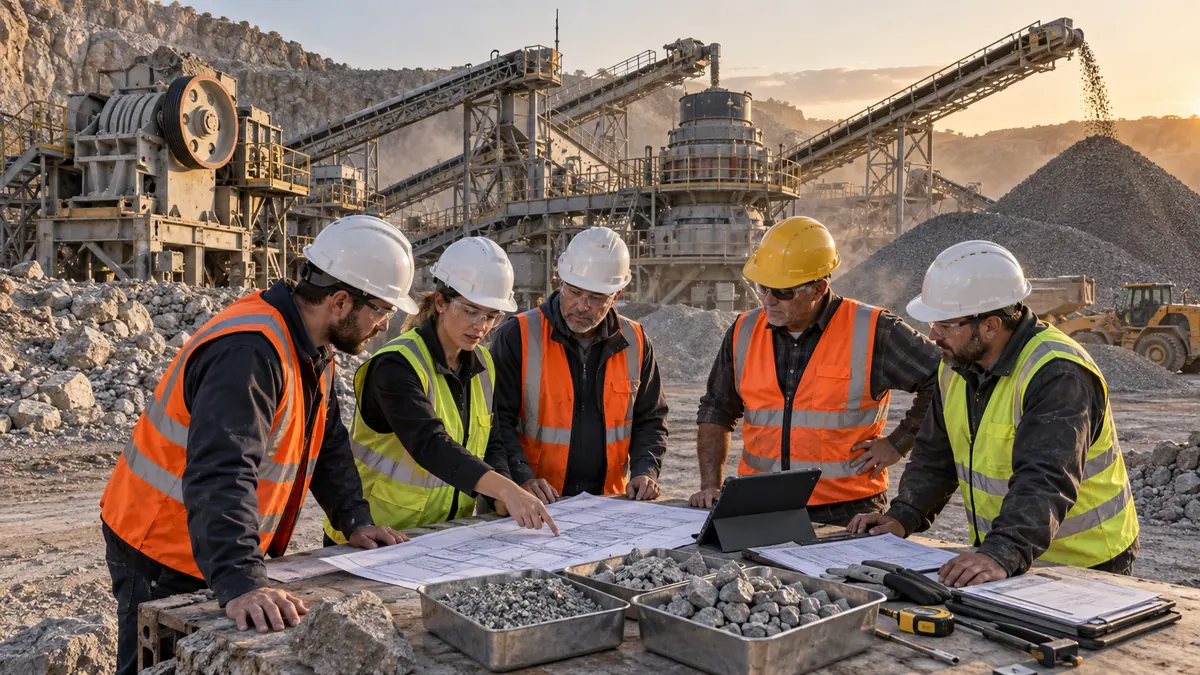 Quarry owner and engineers reviewing plant drawings, aggregate samples, a tablet, and a supplier checklist beside an operating crushing plant