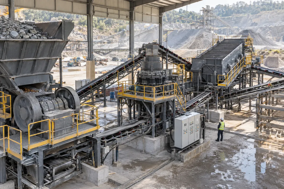 Integrated crushing and screening line with jaw crusher, cone crusher, vibrating screen, conveyors, electrical control panel, and technicians in a real fabrication yard