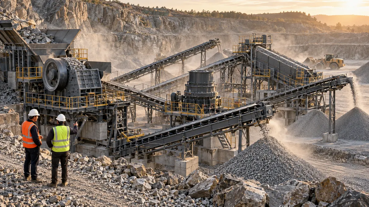Production-scale quarry crushing plant with jaw crusher, cone crusher, conveyors, aggregate stockpiles, and engineers reviewing the operation