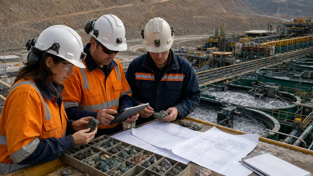 Mining engineers reviewing ore samples, process drawings, and a tablet beside operating flotation cells during an equipment selection review