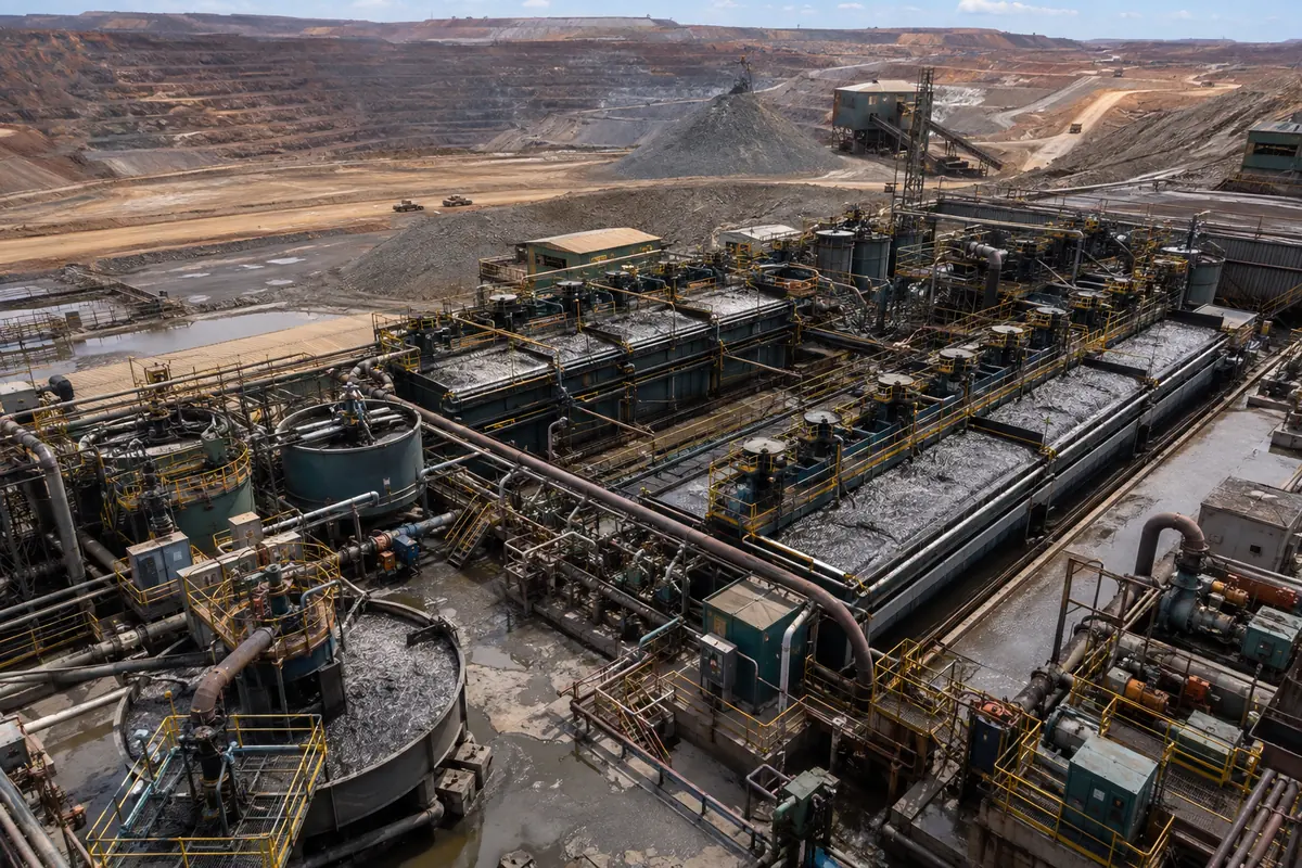 Elevated view of a complete flotation circuit with conditioning tanks, rougher and cleaner cell banks, slurry pumps, pipelines, and an open-pit mine