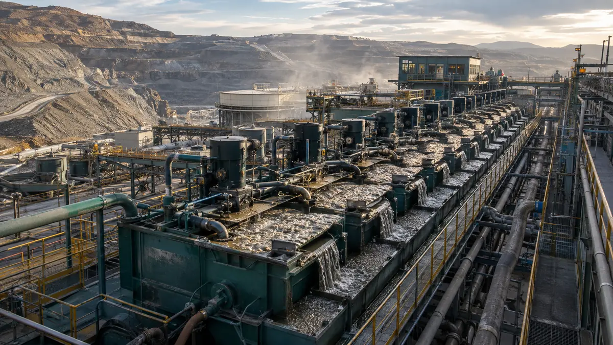 Production-scale flotation cells operating beside an open-pit mine at a copper and gold concentrator