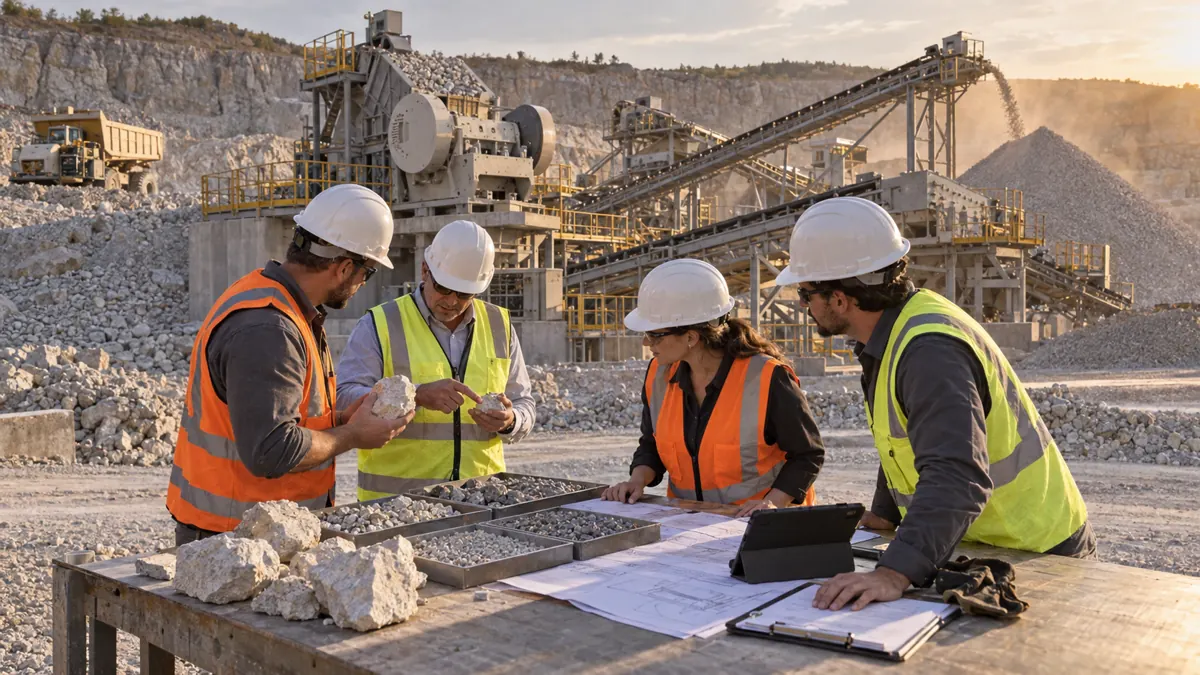 Quarry owner and process engineers reviewing limestone samples, screen gradation sheets, equipment drawings, and a tablet beside an operating crushing plant