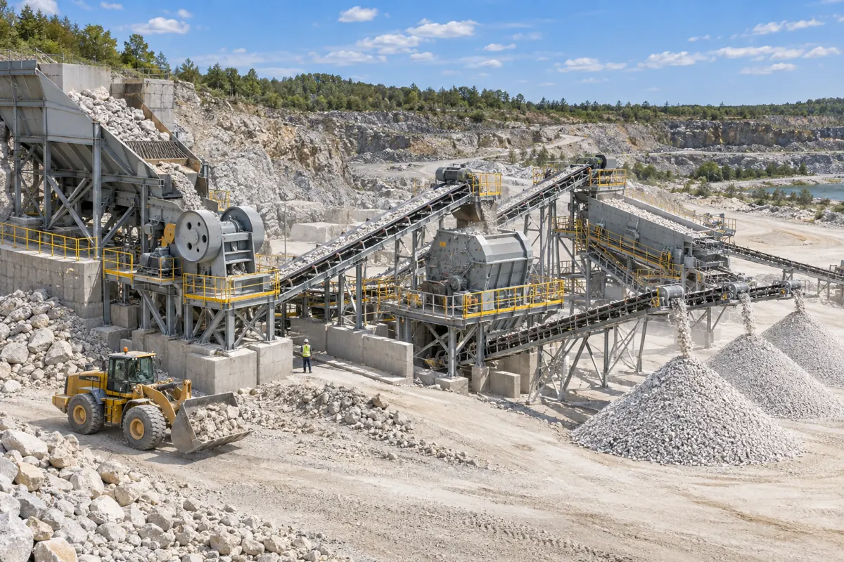 Limestone crushing circuit showing a scalping feeder, jaw crusher, impact crusher, vibrating screen, return conveyor, and separate aggregate stockpiles