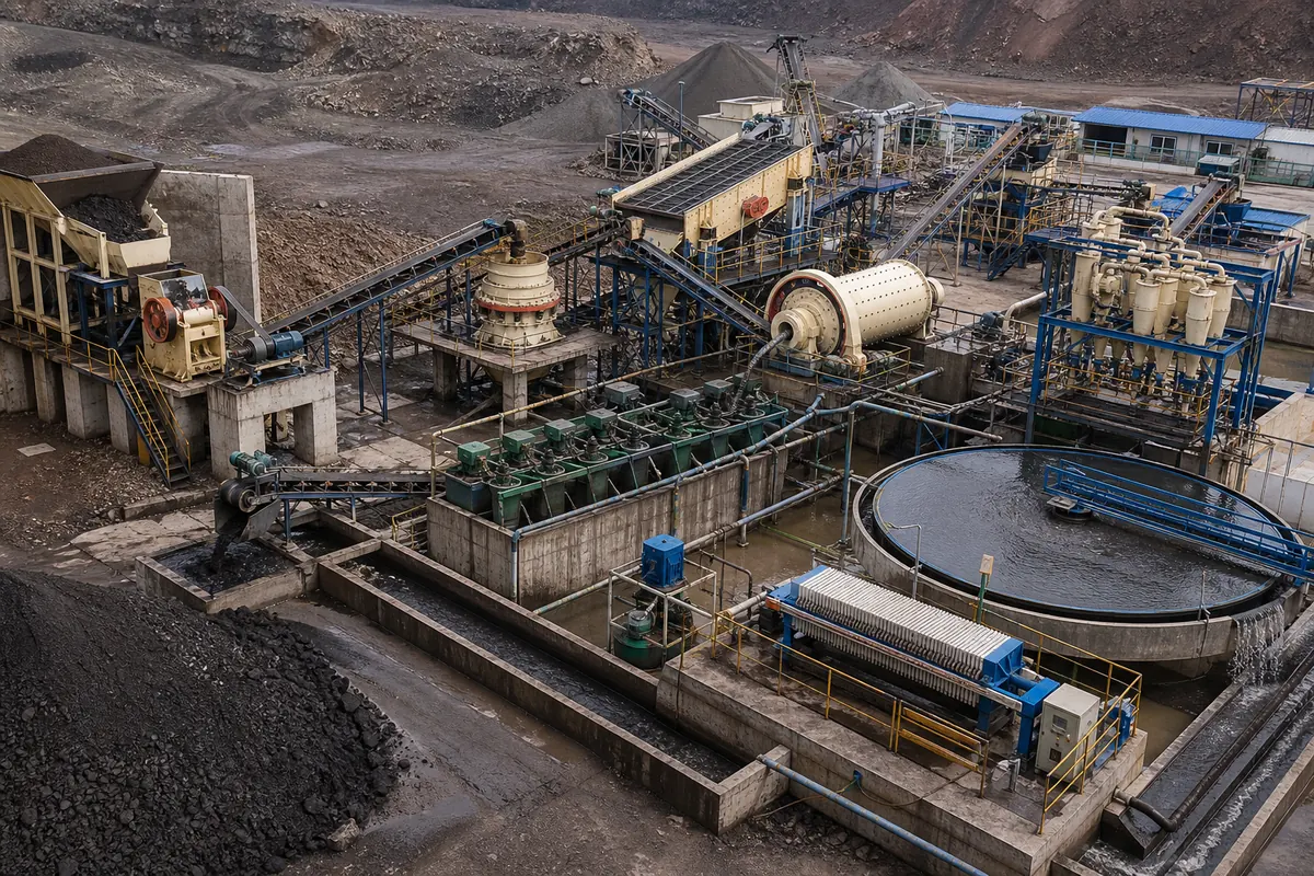 Manganese ore beneficiation plant configuration with hopper jaw crusher cone crusher screen ball mill magnetic separator thickener and filter press