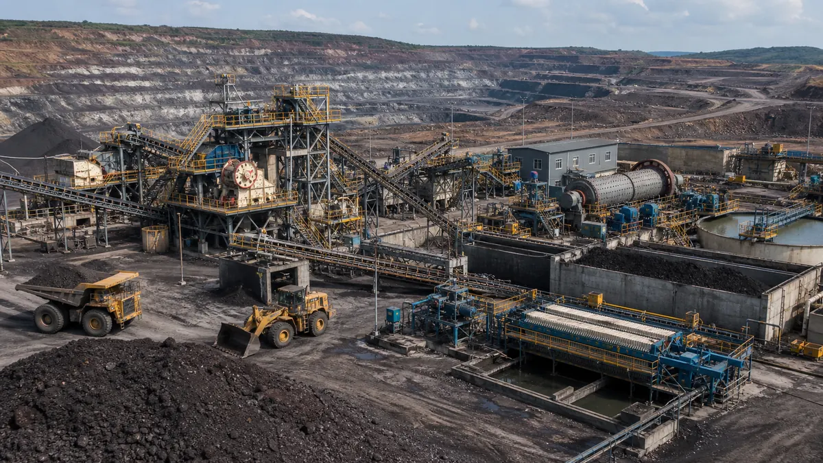 Manganese ore beneficiation plant with crushers conveyors ball mill magnetic separator thickener filter press and dark ore stockpiles