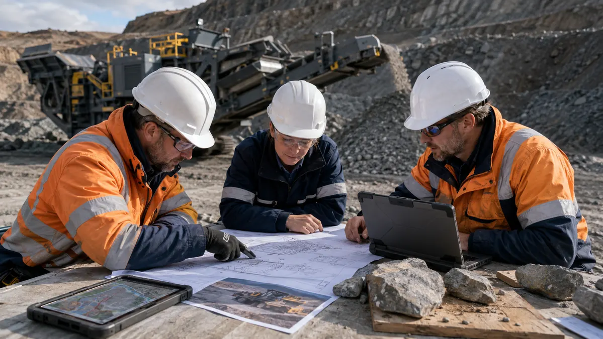 Mining engineers reviewing mobile crusher layout drawings rock samples site data and rugged tablet at an open-pit mine