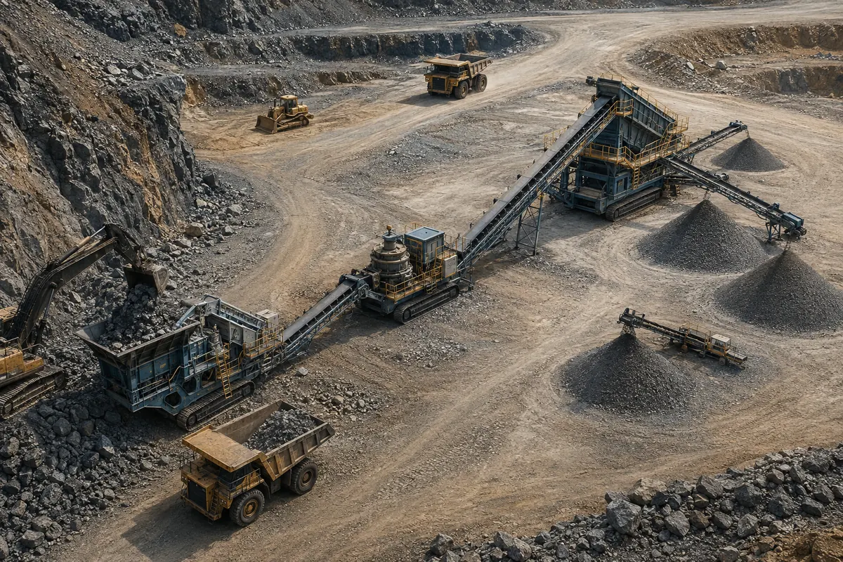Integrated open-pit mobile crushing configuration with jaw crusher cone crusher screen connected conveyors and separate rock stockpiles