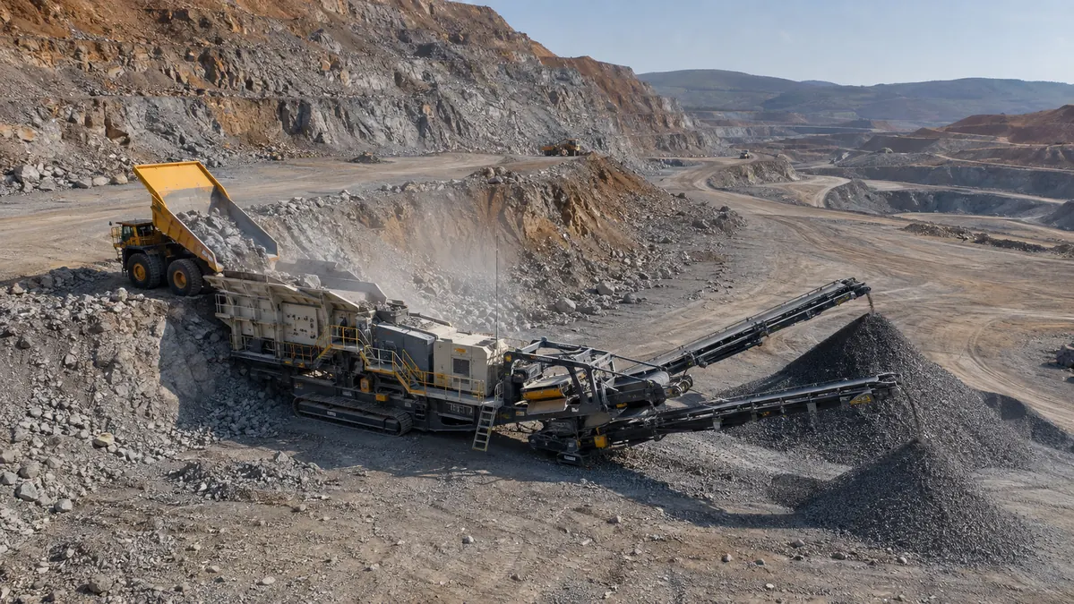 Mobile jaw crusher processing blasted hard rock in an open-pit mine beside a haul truck and stockpile conveyors