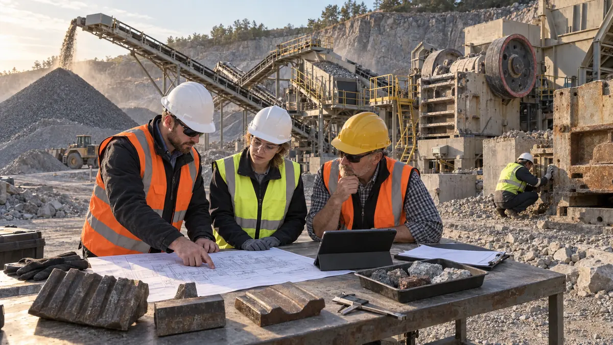 Quarry owner and engineers reviewing equipment drawings, wear-part samples, rock samples, and a tablet beside an operating crushing plant