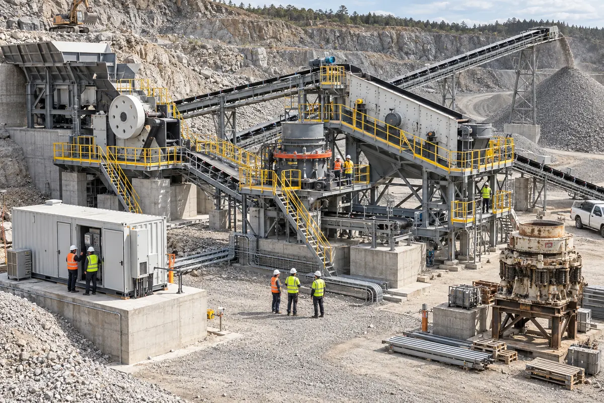 New connected crushing and screening plant with electrical container, conveyors, and technicians commissioning equipment beside a used crusher component