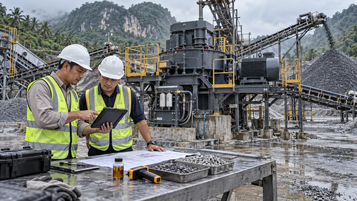 Quarry engineers reviewing an inspection tablet, oil sample, infrared temperature tool, aggregate samples, and a VSI lubrication system