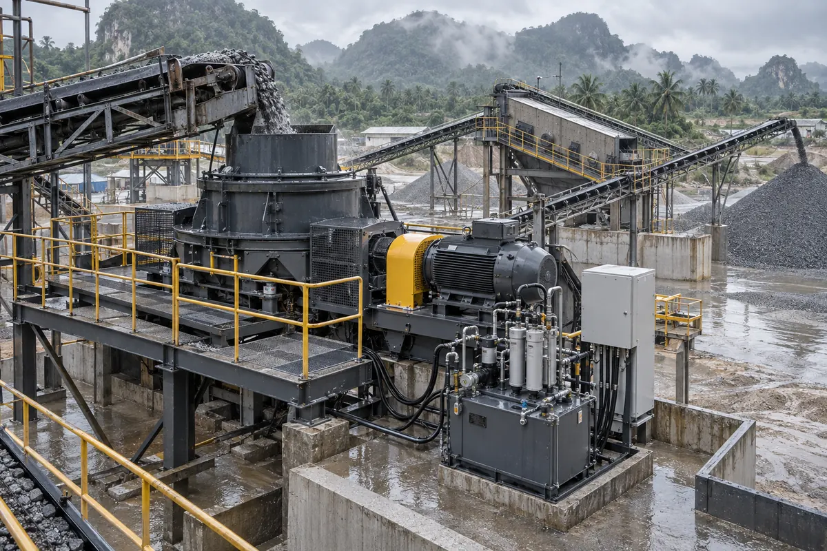 VSI crusher lubrication and monitoring configuration with drive motor, guarded coupling, oil unit, filters, conveyors, screen, and stockpiles