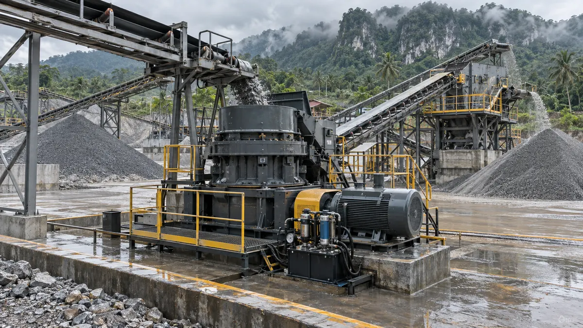 Production-scale VSI crusher with drive motor, lubrication skid, conveyors, and stockpiles in a tropical quarry