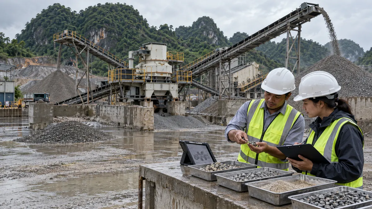 Quarry engineers comparing aggregate samples and a non-readable plant layout during a VSI cascade-feed review beside an active sand plant