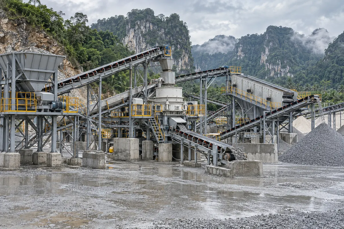 VSI plant configuration with a hopper, direct feed, side cascade-feed conveyor, screen, return conveyor, and aggregate stockpiles in a tropical quarry