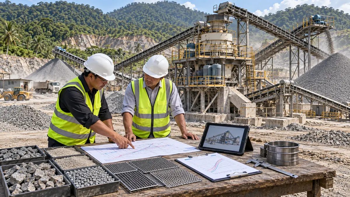 Quarry engineers reviewing aggregate samples, screen media, grading data, and a plant layout beside an operating VSI sand circuit