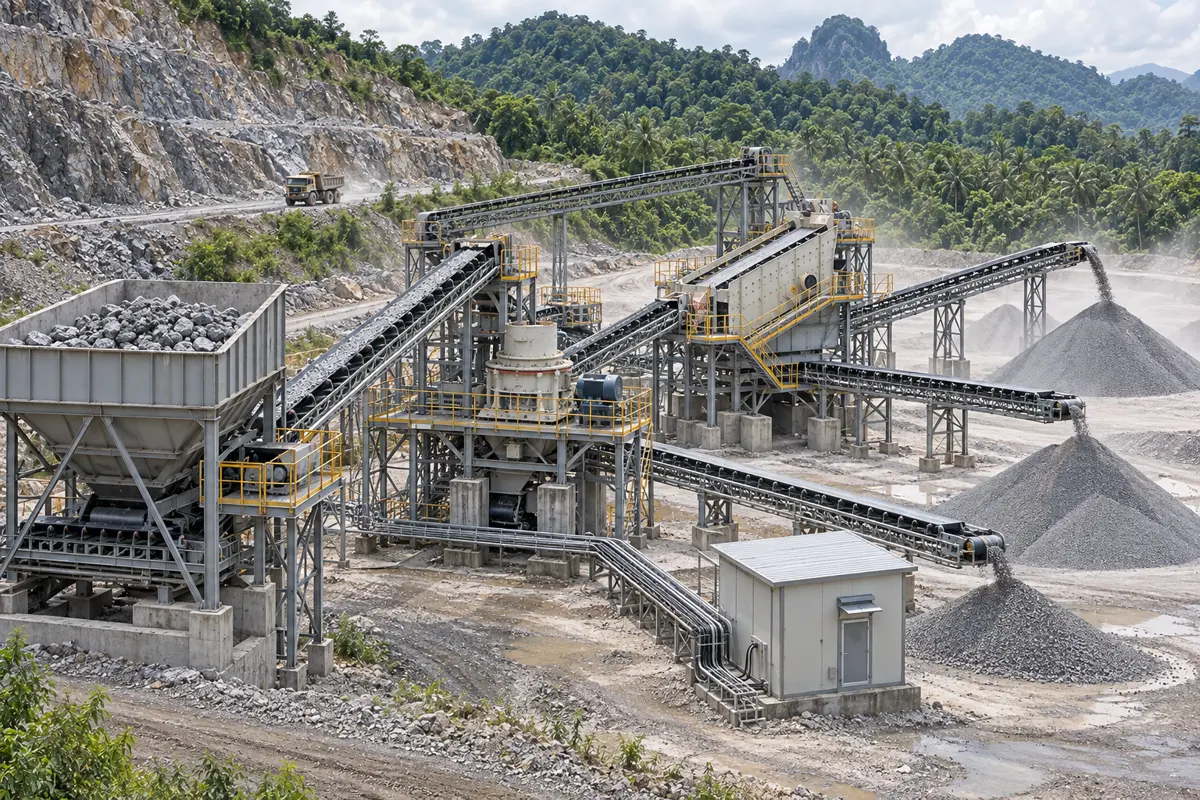 Closed-circuit VSI manufactured-sand line with feed hopper, VSI crusher, final screen, return conveyor, and separate product stockpiles